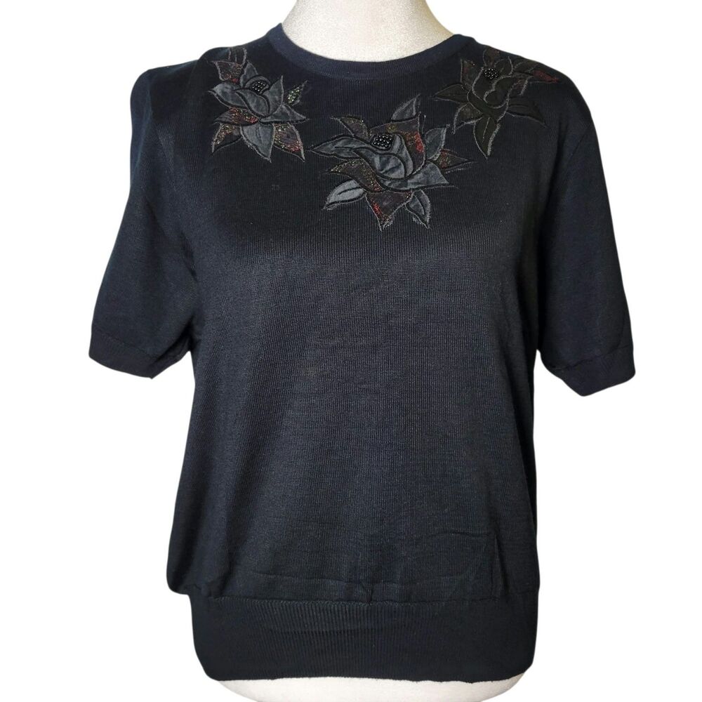 Vtg 80s 90s Black Knit Top M Rose Applique Whimsigoth Dark Coquette Grandma Chic